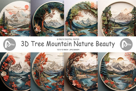 Digital Paper 3D Landscape Mountain Tree Digital Pattern artnoy 