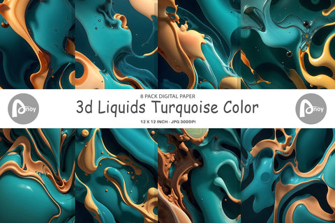 Digital Paper 3D Liquid Turquoise Color Digital Pattern artnoy 