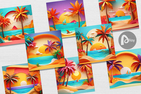 Digital Paper 3D Paper cut Beach Summer Digital Pattern artnoy 