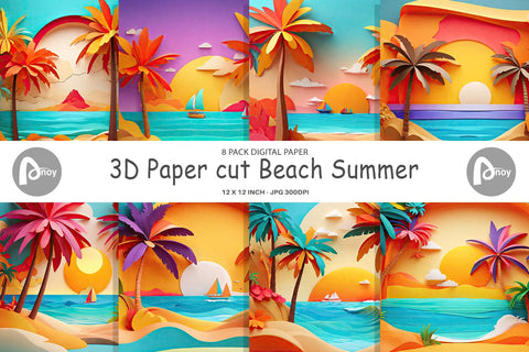 Digital Paper 3D Paper cut Beach Summer Digital Pattern artnoy 