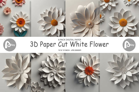 Digital Paper 3D Paper Cut White Flower Digital Pattern artnoy 
