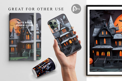 Digital Paper 3D Paper Haunted House Digital Pattern artnoy 
