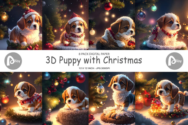 Digital Paper 3D Puppy with Christmas Digital Pattern artnoy 