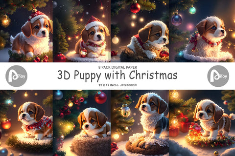 Digital Paper 3D Puppy with Christmas Digital Pattern artnoy 