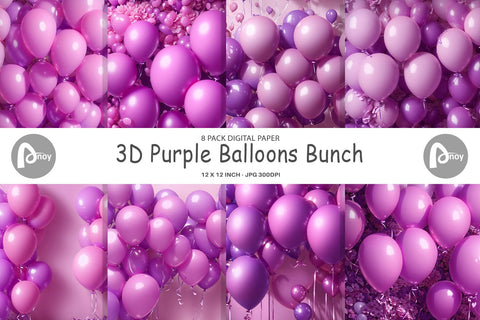 Digital paper 3D Purple Balloons Bunch Digital Pattern artnoy 