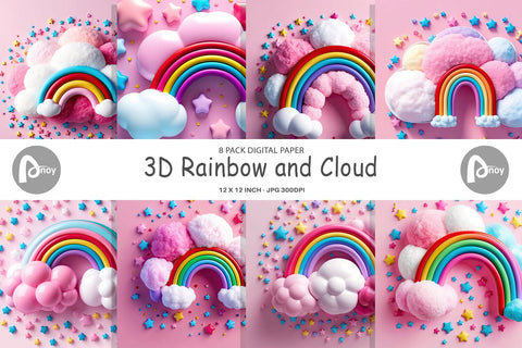 Digital Paper 3D Rainbow and Cloud Digital Pattern artnoy 