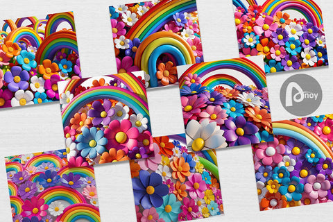 Digital Paper 3D Rainbow Flower Digital Pattern artnoy 
