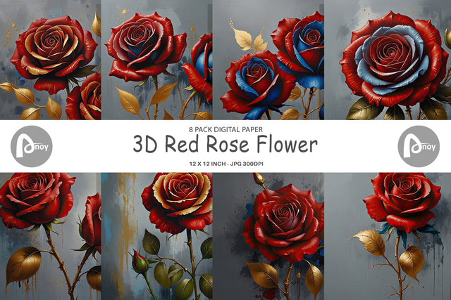 Digital Paper 3D Red Rose Digital Pattern artnoy 