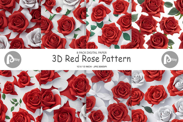 Digital Paper 3D Red Rose Pattern Digital Pattern artnoy 