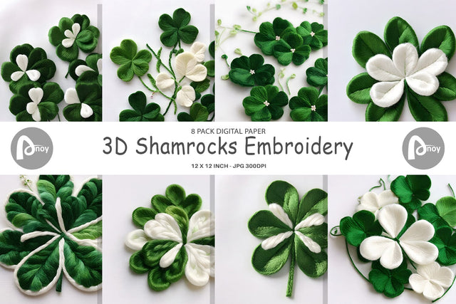 Digital Paper 3D Shamrocks Embroidery Digital Pattern artnoy 