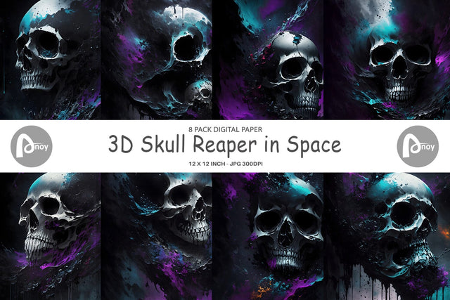 Digital Paper 3D Skull Reaper in Space Digital Pattern artnoy 