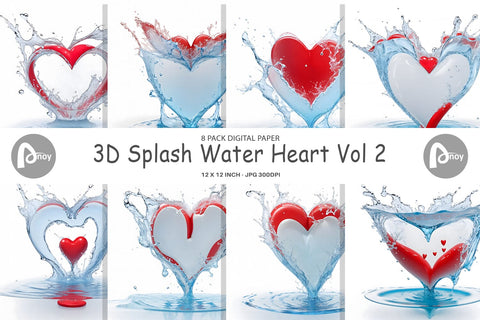 Digital Paper 3D Splash Water Heart Digital Pattern artnoy 