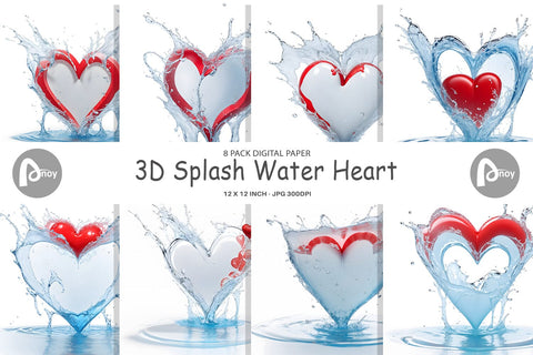 Digital Paper 3D Splash Water Heart Digital Pattern artnoy 