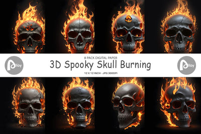 Digital Paper 3D Spooky Skull Burning Digital Pattern artnoy 