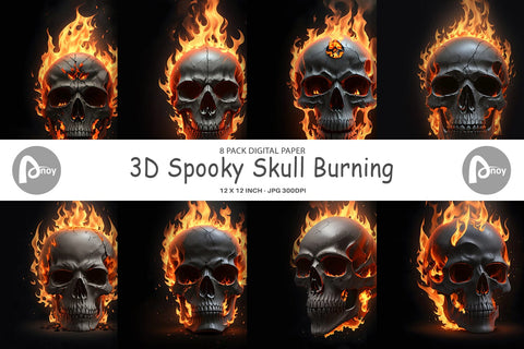 Digital Paper 3D Spooky Skull Burning Digital Pattern artnoy 
