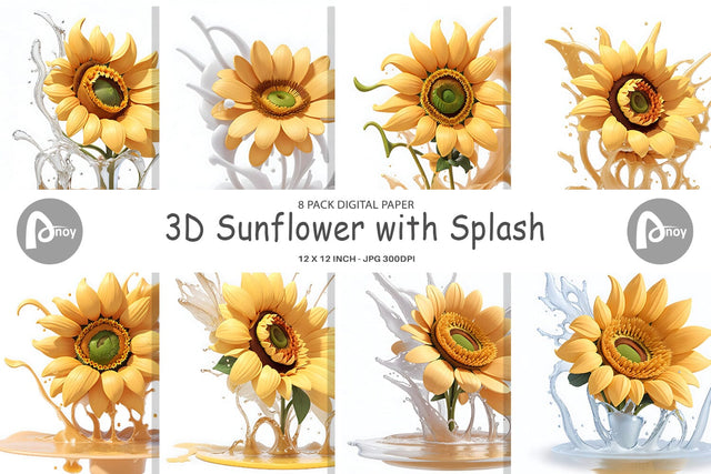 Digital Paper 3D Sunflower Water Splash Digital Pattern artnoy 