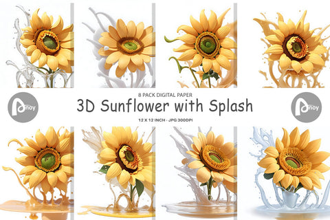 Digital Paper 3D Sunflower Water Splash Digital Pattern artnoy 