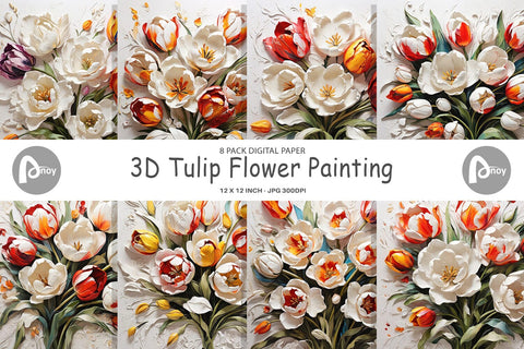 Digital Paper 3D Tulip Flower Painting Digital Pattern artnoy 