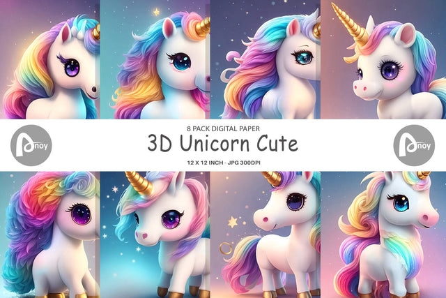 Digital Paper 3D Unicorn Cute Digital Pattern artnoy 