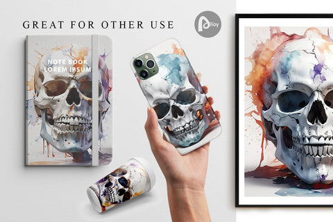 Digital Paper 3D Watercolor Splash Skull Digital Pattern artnoy 