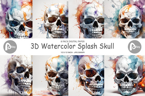 Digital Paper 3D Watercolor Splash Skull Digital Pattern artnoy 
