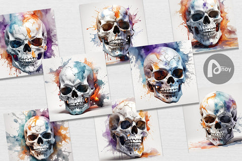 Digital Paper 3D Watercolor Splash Skull Digital Pattern artnoy 