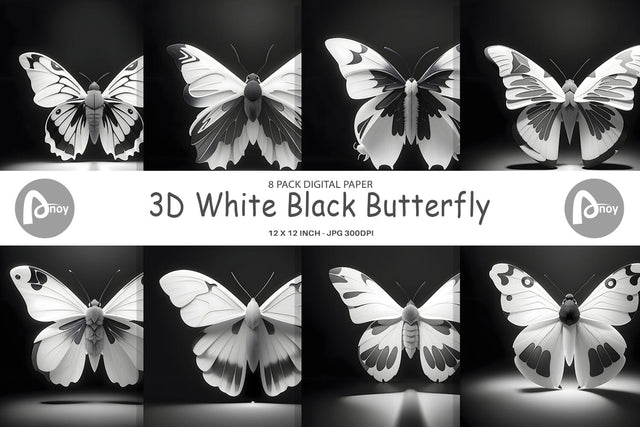 Digital Paper 3D White Black Butterfly Digital Pattern artnoy 