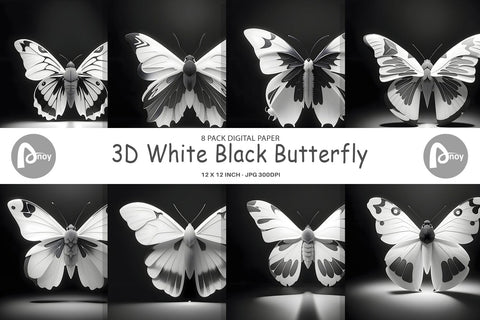 Digital Paper 3D White Black Butterfly Digital Pattern artnoy 