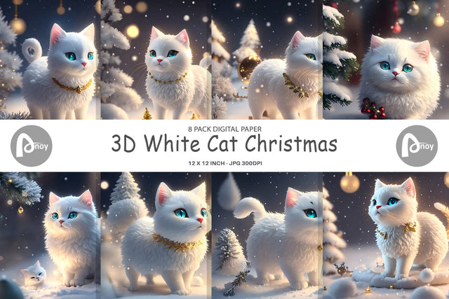 Digital Paper 3D White Cat Christmas Digital Pattern artnoy 