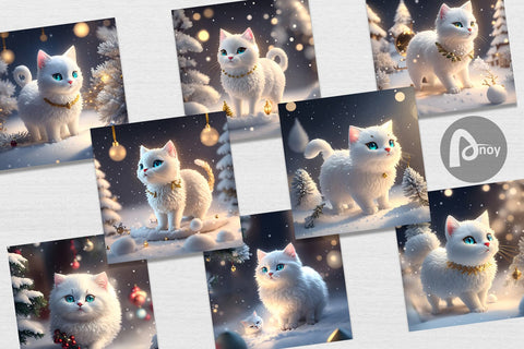 Digital Paper 3D White Cat Christmas Digital Pattern artnoy 