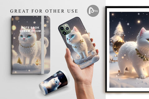 Digital Paper 3D White Cat Christmas Digital Pattern artnoy 
