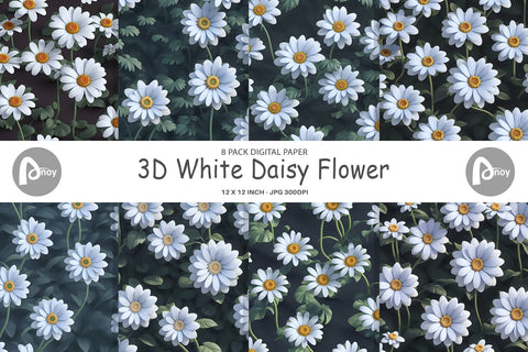 Digital Paper 3D White Daisy Flower Digital Pattern artnoy 