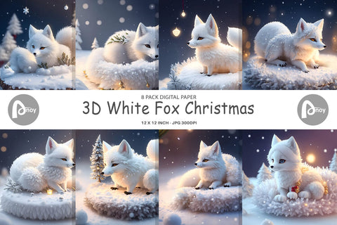 Digital Paper 3D White Fox Christmas Digital Pattern artnoy 