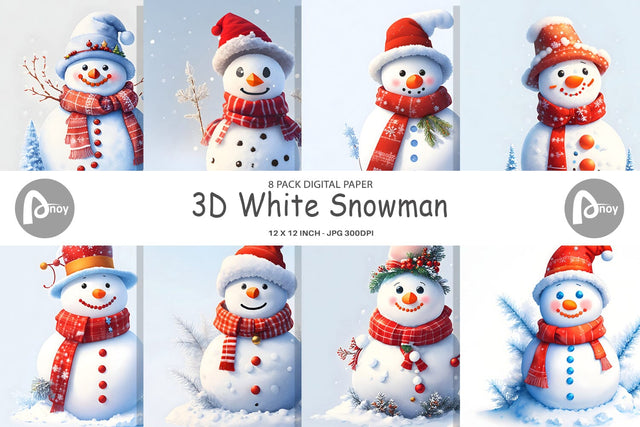 Digital Paper 3D White Snowman Digital Pattern artnoy 