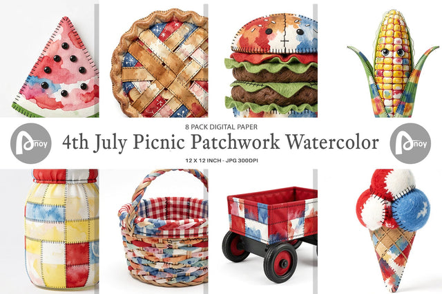 Digital Paper 4th July Picnic Patchwork Watercolor Sublimation artnoy 