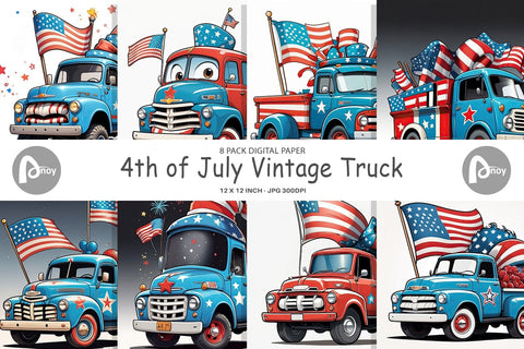 Digital Paper 4th of July Vintage Truck Digital Pattern artnoy 