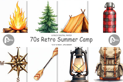 Digital Paper 70s Retro Summer Camp Watercolor Digital Pattern artnoy 