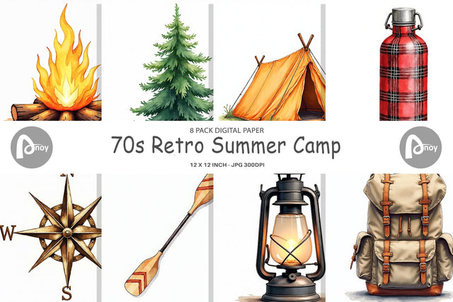 Digital Paper 70s Retro Summer Camp Watercolor Digital Pattern artnoy 