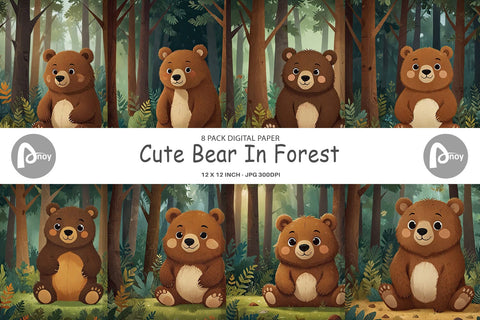 Digital Paper Adorable Bear in Forest Digital Pattern artnoy 