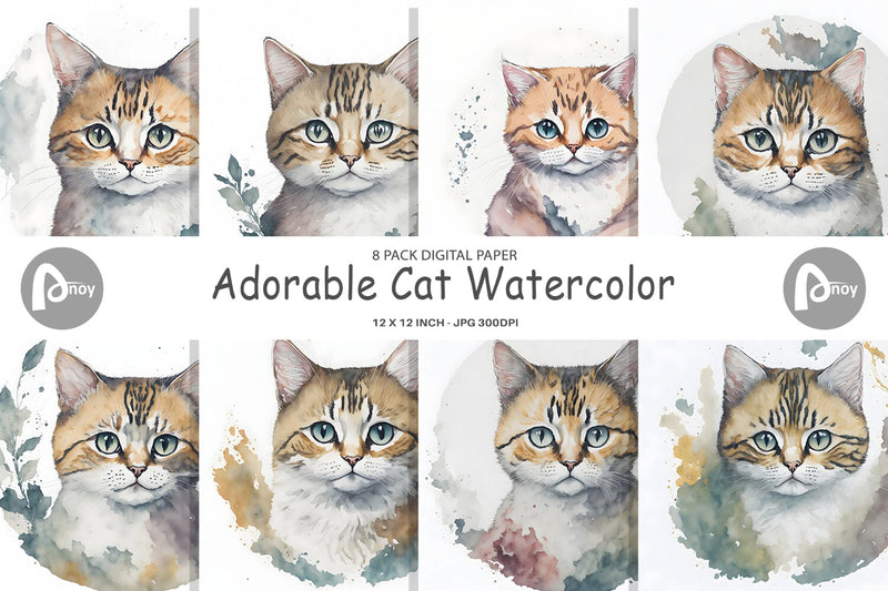 Digital Paper Adorable Cat Watercolor Digital Pattern artnoy 