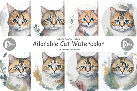 Digital Paper Adorable Cat Watercolor Digital Pattern artnoy 