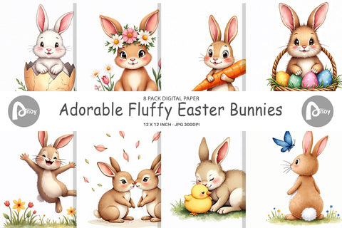 Digital Paper Adorable Fluffy Easter Bunnies Watercolor Digital Pattern artnoy 