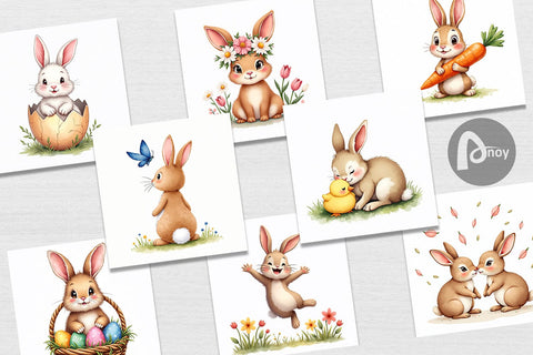 Digital Paper Adorable Fluffy Easter Bunnies Watercolor Digital Pattern artnoy 