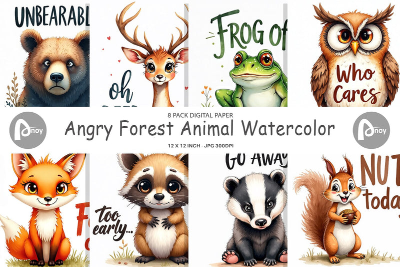 Digital Paper Angry Forest Animal Watercolor Digital Pattern artnoy 