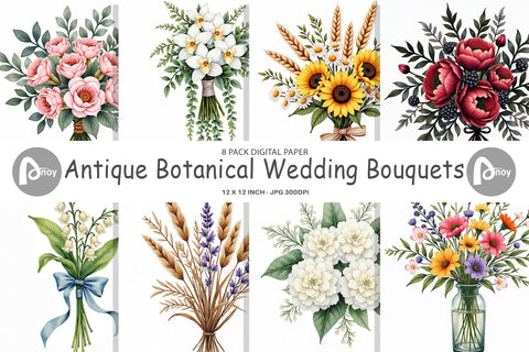 Digital Paper Antique Botanical Wedding Bouquets Digital Pattern artnoy 