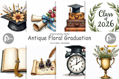 Digital Paper Antique Floral Graduation Elements & Scrolls Digital Pattern artnoy 