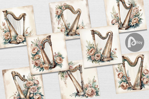Digital Paper Antique Harp Digital Pattern artnoy 