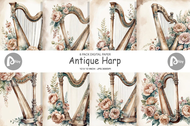Digital Paper Antique Harp Digital Pattern artnoy 