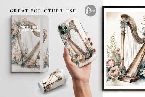 Digital Paper Antique Harp Digital Pattern artnoy 