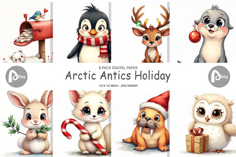 Digital Paper Arctic Antics Holiday Vintage Polar Animals Digital Pattern artnoy 